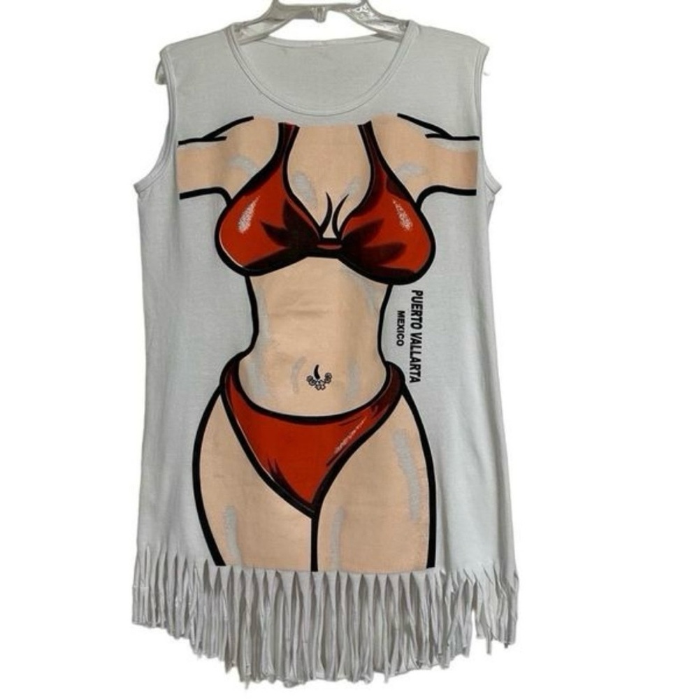 Women’s White Fringe Swim Coverup with Red Bikini Print